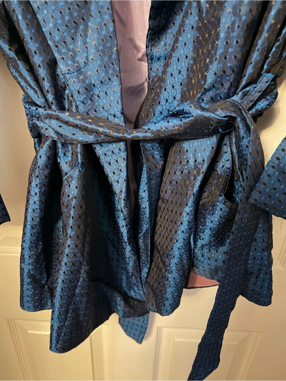 Vintage Smoking jacket Blue Textured Satin Tie-Waist Jacket size Medium